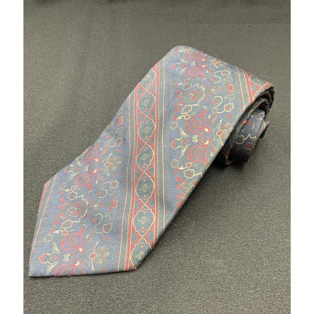 Vtg 80s 90s Tom James Silk Neck Tie Blue Red Floral Wall Art Designer Corpcore - Picture 4 of 9